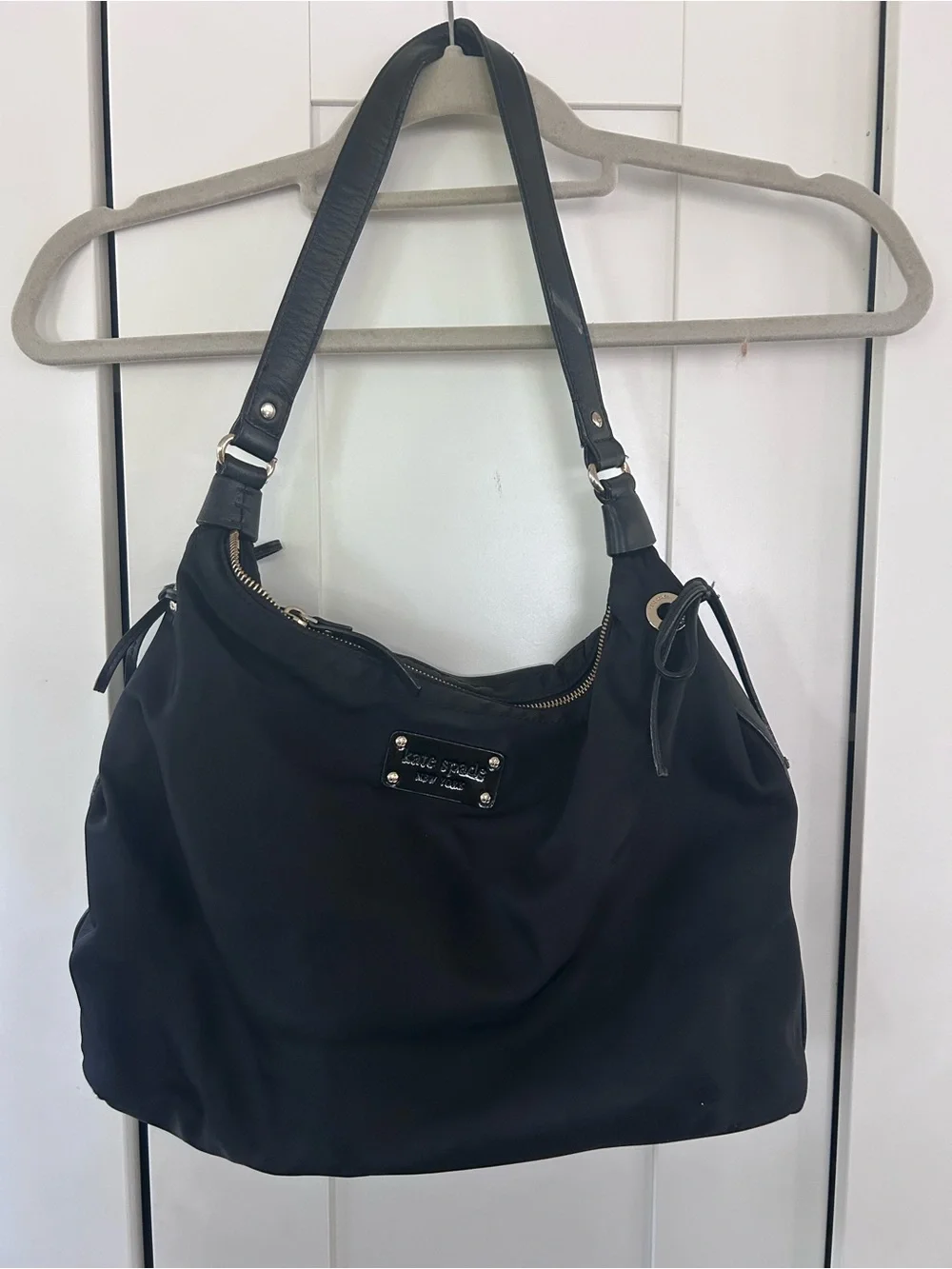 kate spade Black Nylon Shoulder Bag with Leather Straps and Logo Plaque